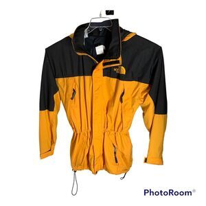 Vtg 80s-90s North Face Parka Packable Dbl-Zip Rain Jacket Hood Orange Gold/Blk L
